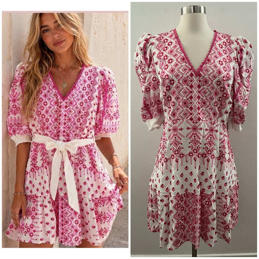 Hale Bob Embroidered Mini Dress Large Pink White Glam Party Eveningwear NEW
